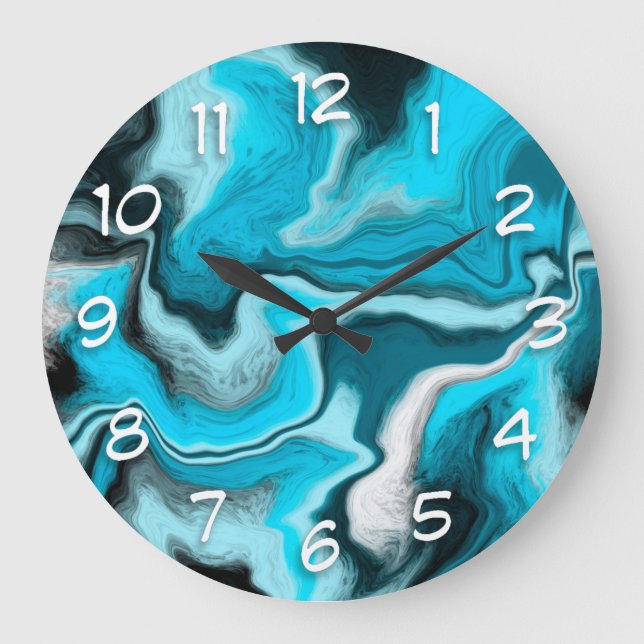 Grande Horloge Ronde Blue, Black and White Marble Fluid Art  (Recto)