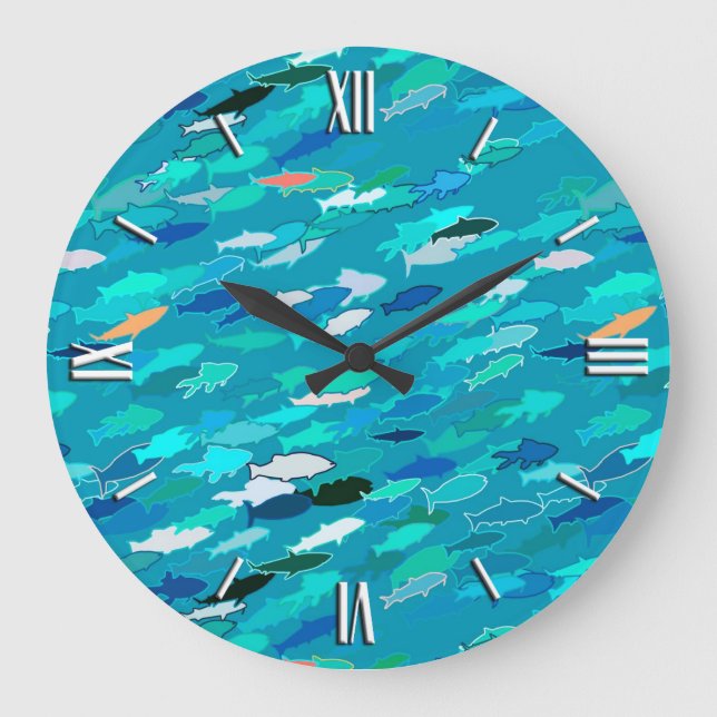 Grande Horloge Ronde Blue, blanc, turquoise school of fish (Recto)