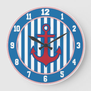 Grande Horloge Ronde Blue Border Nautical Anchor Clock
