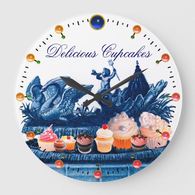 GRANDE HORLOGE RONDE BLUE CERISE OF SWANS WITH CUPCAKES AND PASTRY (Recto)