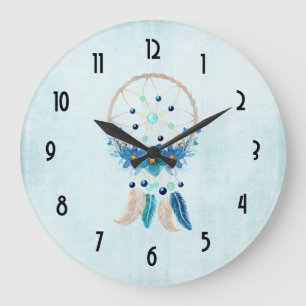 Grande Horloge Ronde Blue Dreamcatcher Design Boho élégant