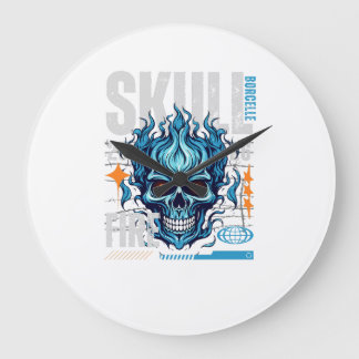 Grande Horloge Ronde Blue Flaming Skull Streetwear Design | Cyberpunk G