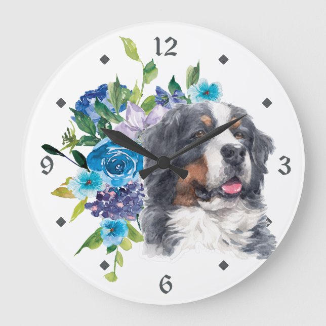 Grande Horloge Ronde Blue Floral Bouquet Bernese Mountain Dog (Recto)