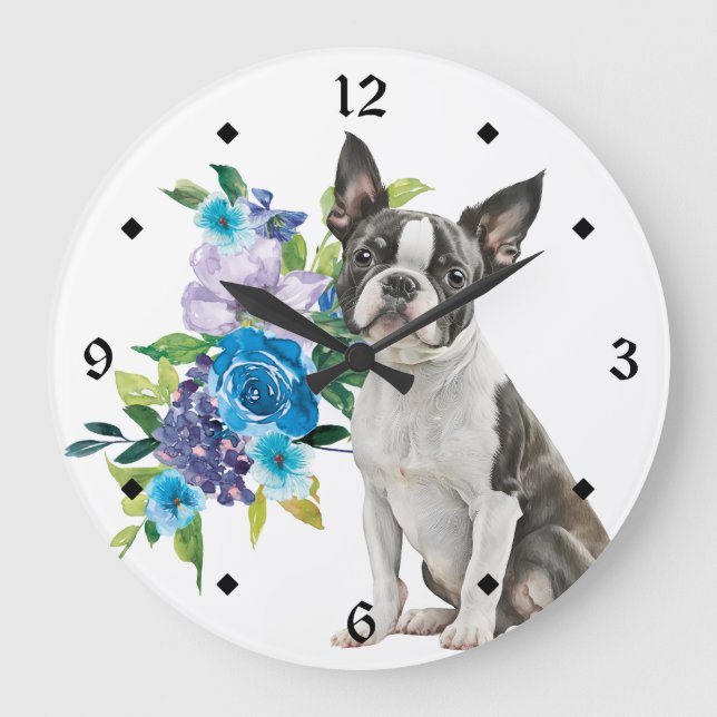 Grande Horloge Ronde Blue Floral Bouquet Boston Terrier Chien (Recto)