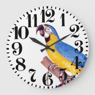Grande Horloge Ronde Blue Gold Macaw Parrot Bird Big Numéro Wall Clock
