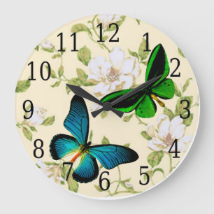 Grande Horloge Ronde Blue & Green Butterflies On Dogwood Flowers Clock