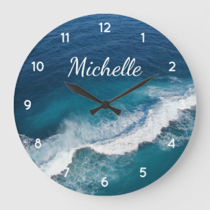 Grande Horloge Ronde Blue Green Ocean Summer Beach Waves Nom personnali