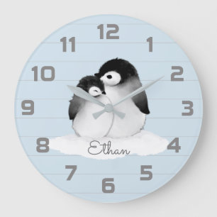 Grande Horloge Ronde Blue Grey Penguin Nursery Decor Wall Clock