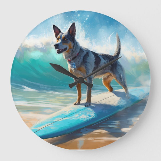 Grande Horloge Ronde Blue Heeler Beach Surfing Peinture (Recto)