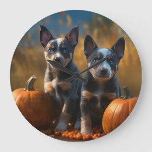 Grande Horloge Ronde Blue Heeler Chiot Automne Citrouille de plaisir