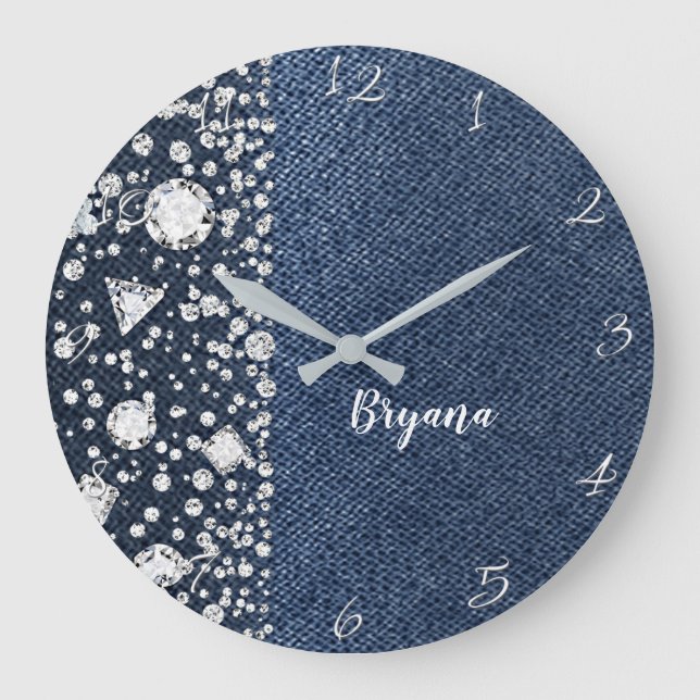 Grande Horloge Ronde Blue Jean Denim & Diamonds Bling Diamond Heart (Recto)