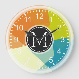 Grande Horloge Ronde Blue Lime Orange Mosaic Moderne Monogramme