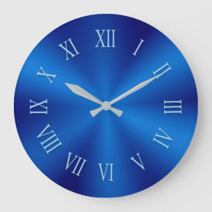 Grande Horloge Ronde Blue Metallic Clock with Pattern Roman Numbers