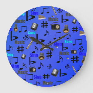 Grande Horloge Ronde Blue Musical Notes and Instruments