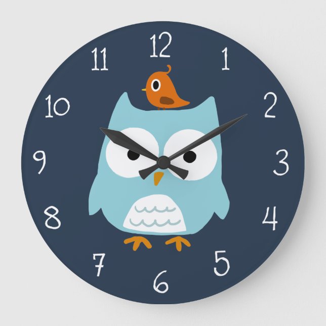 Grande Horloge Ronde Blue Owl and Cute Orange Bird (Recto)