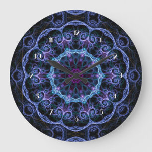 Grande Horloge Ronde Blue & Pink Floral Fractal Pattern Wall Clock