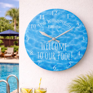 Grande Horloge Ronde Blue Water Bienvenue à notre piscine Nom de famill