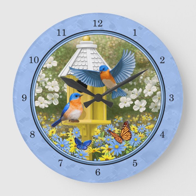 Grande Horloge Ronde Bluebirds et Hexagon Birdhouse Blue (Recto)