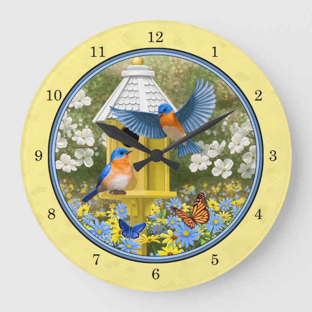 Grande Horloge Ronde Bluebirds et Rond Birhouse Jaune (Recto)