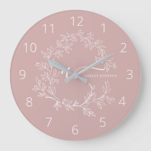 Grande Horloge Ronde Blush Dusty rose moderne Script Girl Monogramme No