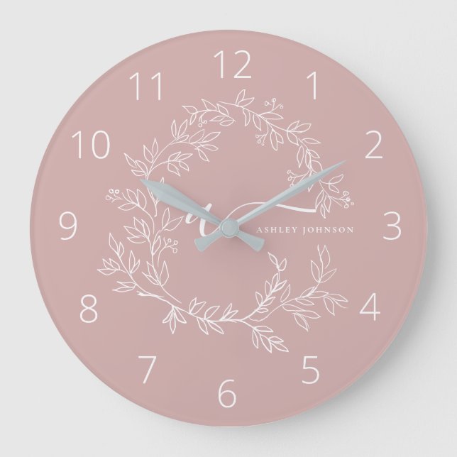 Grande Horloge Ronde Blush Dusty rose moderne Script Girl Monogramme No (Recto)