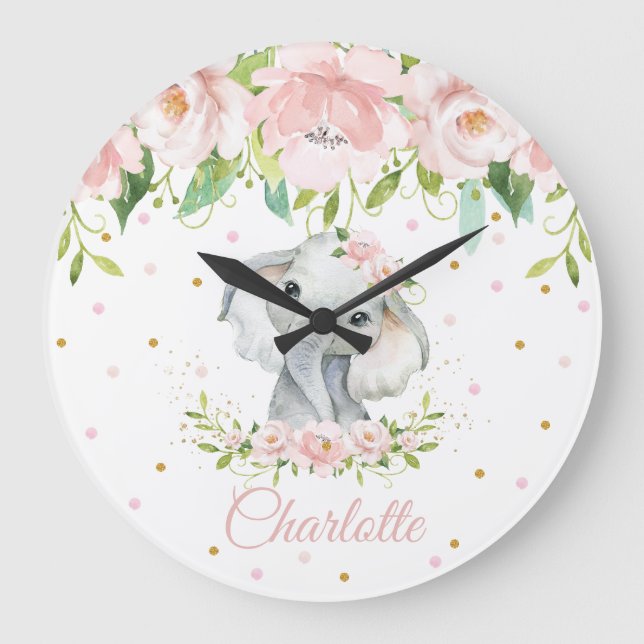 Grande Horloge Ronde Blush Pink Floral Elephant Girl Nursery (Recto)