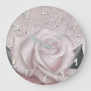 Grande Horloge Ronde Blush Rose Blanche Glam Moderne Marbre Shabby Chic