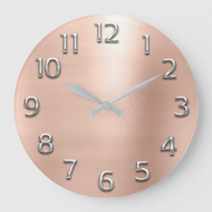 Grande Horloge Ronde Blush Rose Gold Peach Grey Metallic Arabe Numéro