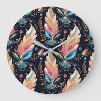 Grande Horloge Ronde Bohemian Hippie Chic Abstract Colorful Feather Art