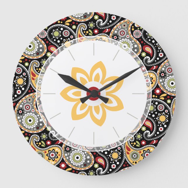 Grande Horloge Ronde Bohemian Seventies Retro Paisley Floral (Recto)