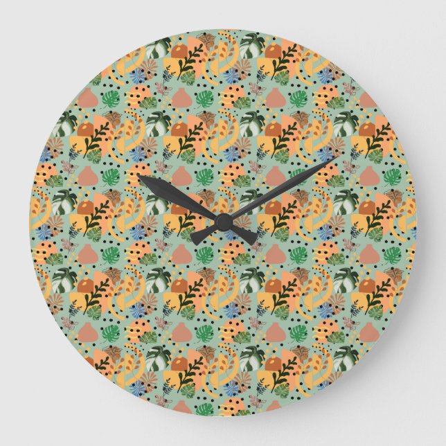 Grande Horloge Ronde boho abstract tropical pattern -minimal leaf desig (Recto)