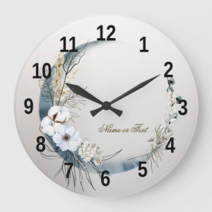 Grande Horloge Ronde Boho Blanc Orchidée Fleurs Bleu Lune Élégant