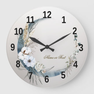 Grande Horloge Ronde Boho Blanc Orchidée Fleurs Bleu Lune Élégant