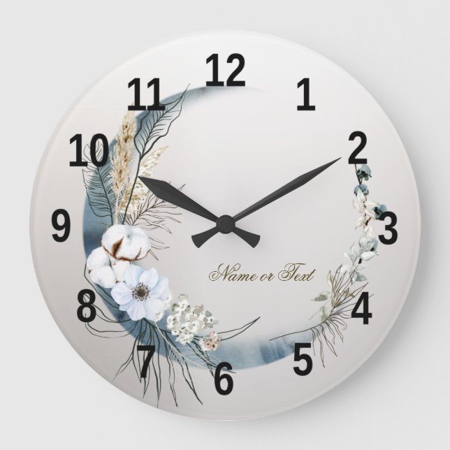 Grande Horloge Ronde Boho Blanc Orchidée Fleurs Bleu Lune Élégant (Recto)