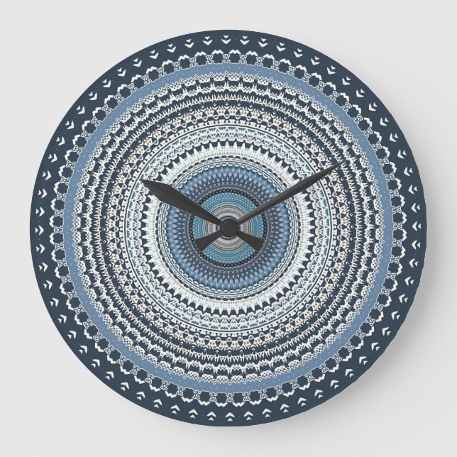 Grande Horloge Ronde Boho bleu Bohême Mandala (Recto)