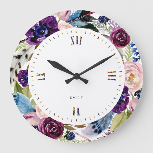Grande Horloge Ronde Boho fleurs & plumes couronnes (Recto)