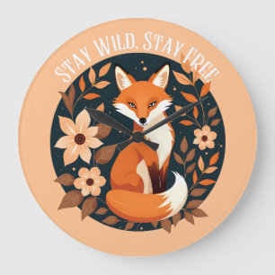 Grande Horloge Ronde Boho Fox "Stay Wild, Stay Free" Woodland Design