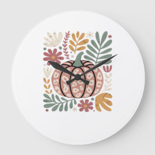 Grande Horloge Ronde Boho Léopard Citrouille Automne � Fleur Rétro D'Au
