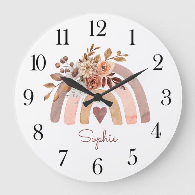 Grande Horloge Ronde Boho personnalisé aquarelle Rainbow Nursery (Recto)