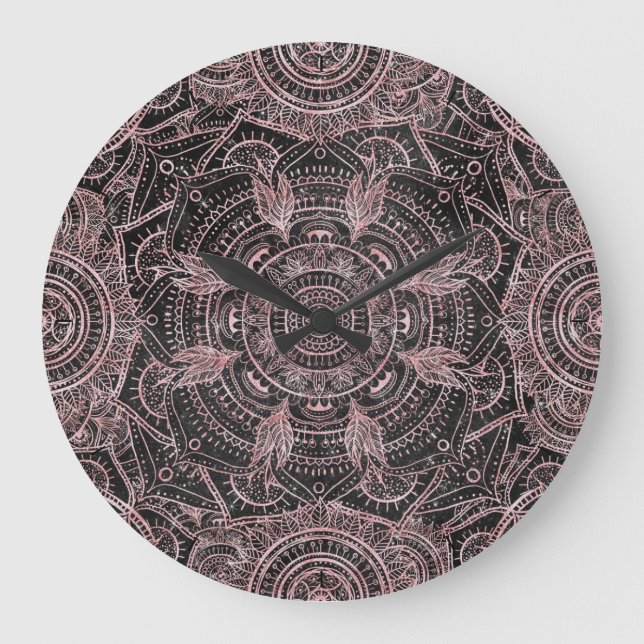 Grande Horloge Ronde Boho Rose Gold Gray Mandala Elegant Design (Recto)