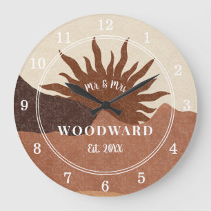 Grande Horloge Ronde Boho Rustique Monogramme Mariage nouvellement mari