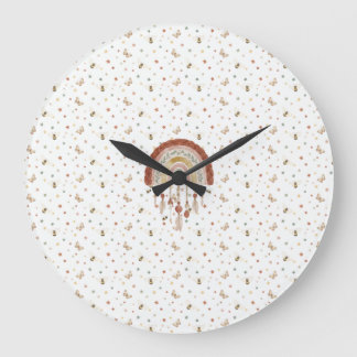 Grande Horloge Ronde Boho Whimsical Bee & Earthy Rainbow Nursery Round 