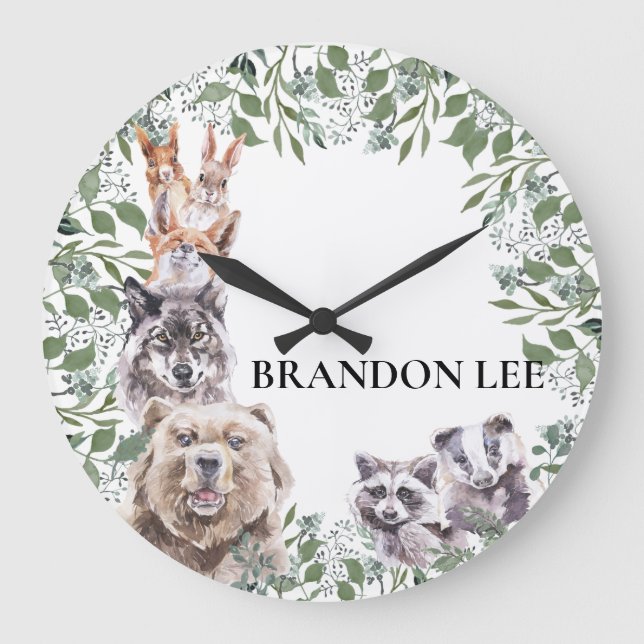 Grande Horloge Ronde Bois Animaux Aquarelle monogramme Chambre pour enf (Recto)