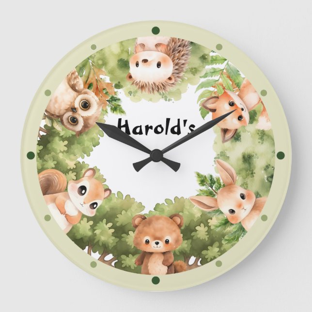 Grande Horloge Ronde Bois Animaux Forêt Bébé Garçon Nursery (Recto)