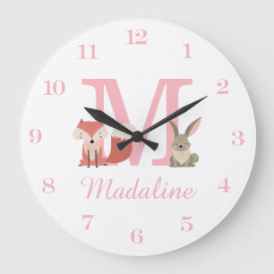 Grande Horloge Ronde Bois Animaux Pink Baby Girl Monogramme initial