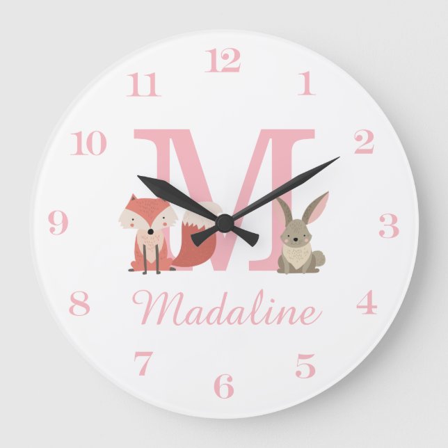 Grande Horloge Ronde Bois Animaux Pink Baby Girl Monogramme initial (Recto)