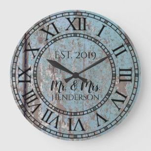 Grande Horloge Ronde Bois antique en détresse Vintage Rustique Shabby C