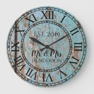 Grande Horloge Ronde Bois Antique en Distress Vieilli Rustique et Chic