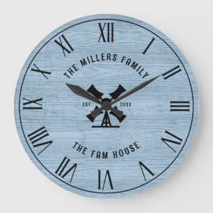 Grande Horloge Ronde Bois bleu rustique Texture Fam House Numéros romai