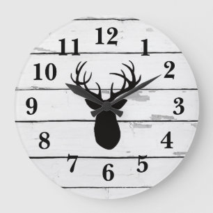 Grande Horloge Ronde Bois de cerf Antlers noir Silhouette Shiplap Décor
